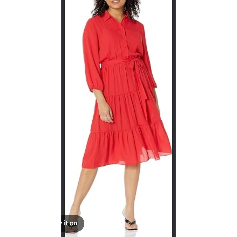 Nanette Nanette Lepore Hot Coral Tiered Midi Shirt Dress Size 14 NEW